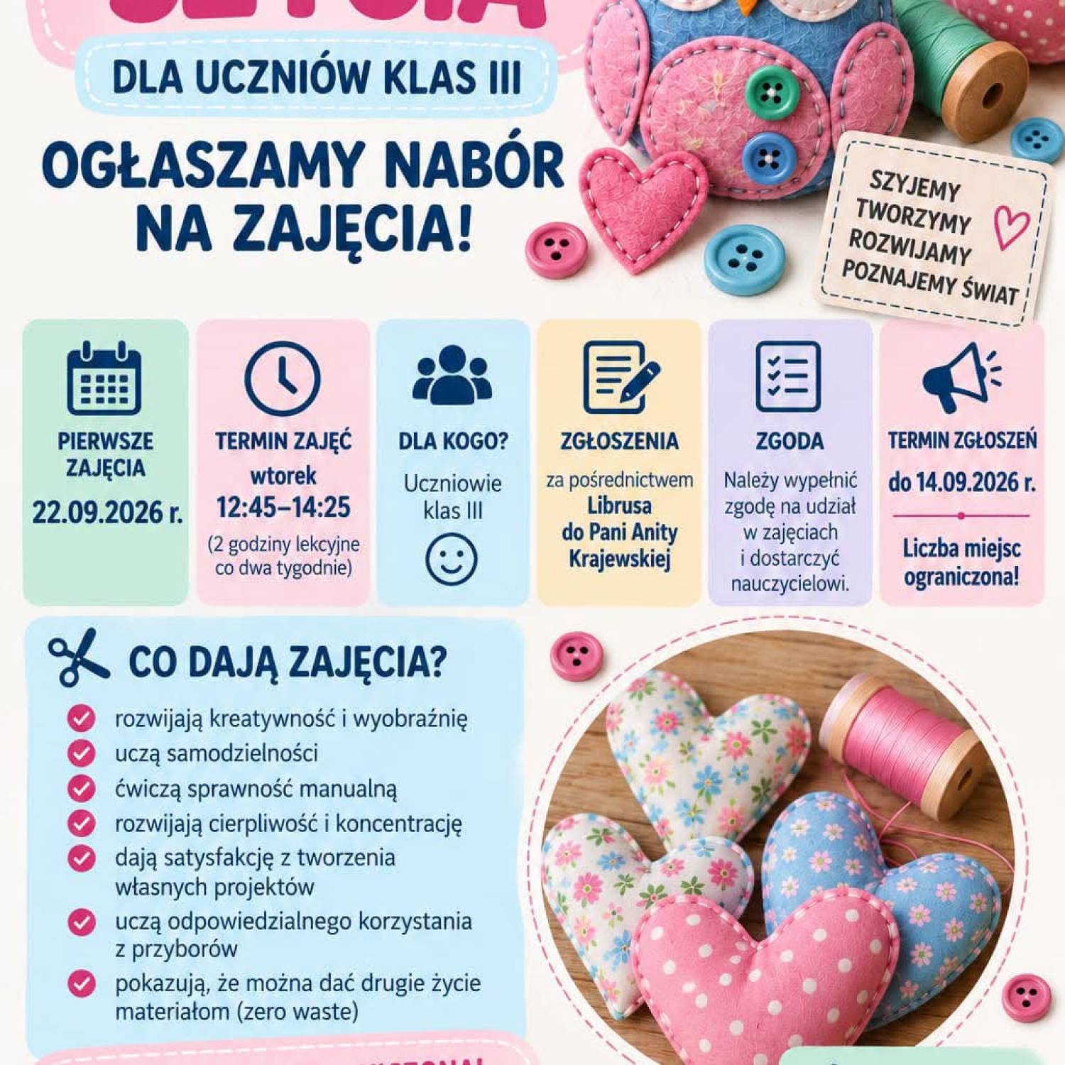 OGŁASZAMY NABÓR NA WARSZTATY SZYCIA DLA UCZNIÓW KLAS III!